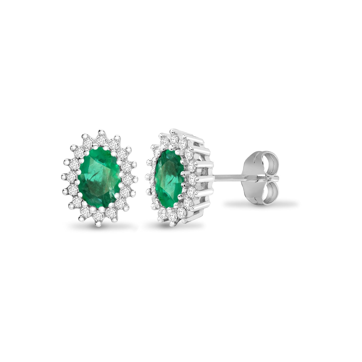 9ct White Gold  Diamond 1ct Green Emerald Cluster Stud Earrings - 9E115