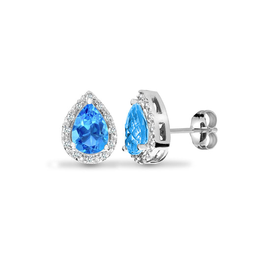 9ct White Gold  Diamond Blue Topaz Happy Tears Halo Stud Earrings - 9E174