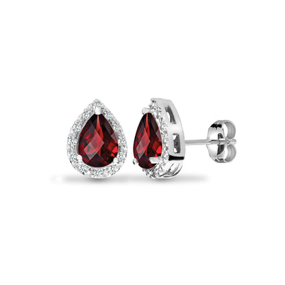 9ct White Gold  Diamond Red Garnet Happy Tears Halo Stud Earrings - 9E175