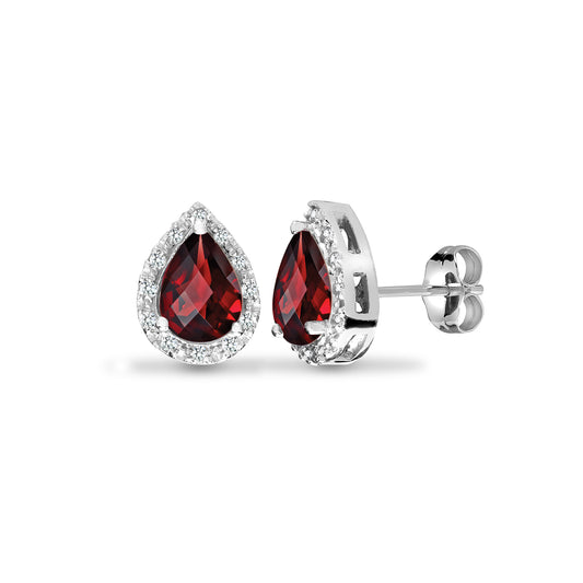 9ct White Gold  Diamond Red Garnet Happy Tears Halo Stud Earrings - 9E175