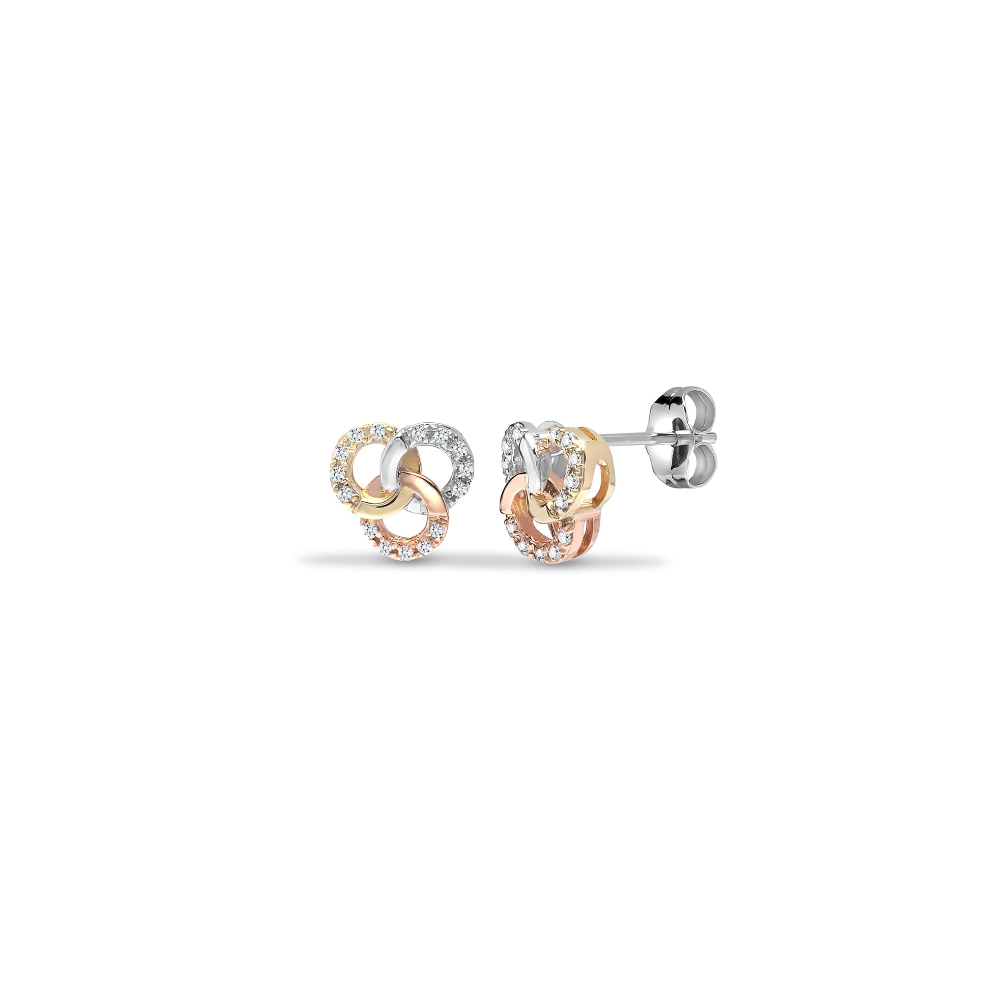9ct 3 Colour Gold  0.09ct Diamond Trilogy Rings Knot Stud Earrings - 9E177