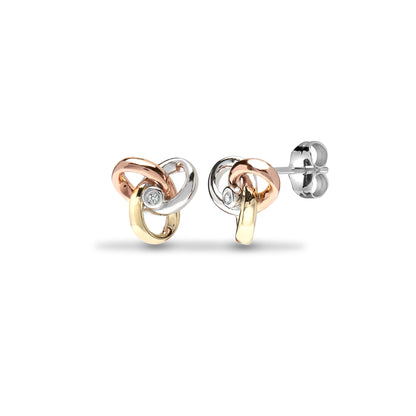 9ct 3 Colour Gold  Diamond Trilogy Knot Solitaire Stud Earrings - 9E179