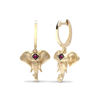 9ct Gold  Red Ruby Caparison Elephant Drop Earrings - 9E182