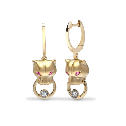 9ct Gold  Diamond Pink Sapphire Panther Door Knocker Drop Earrings - 9E183
