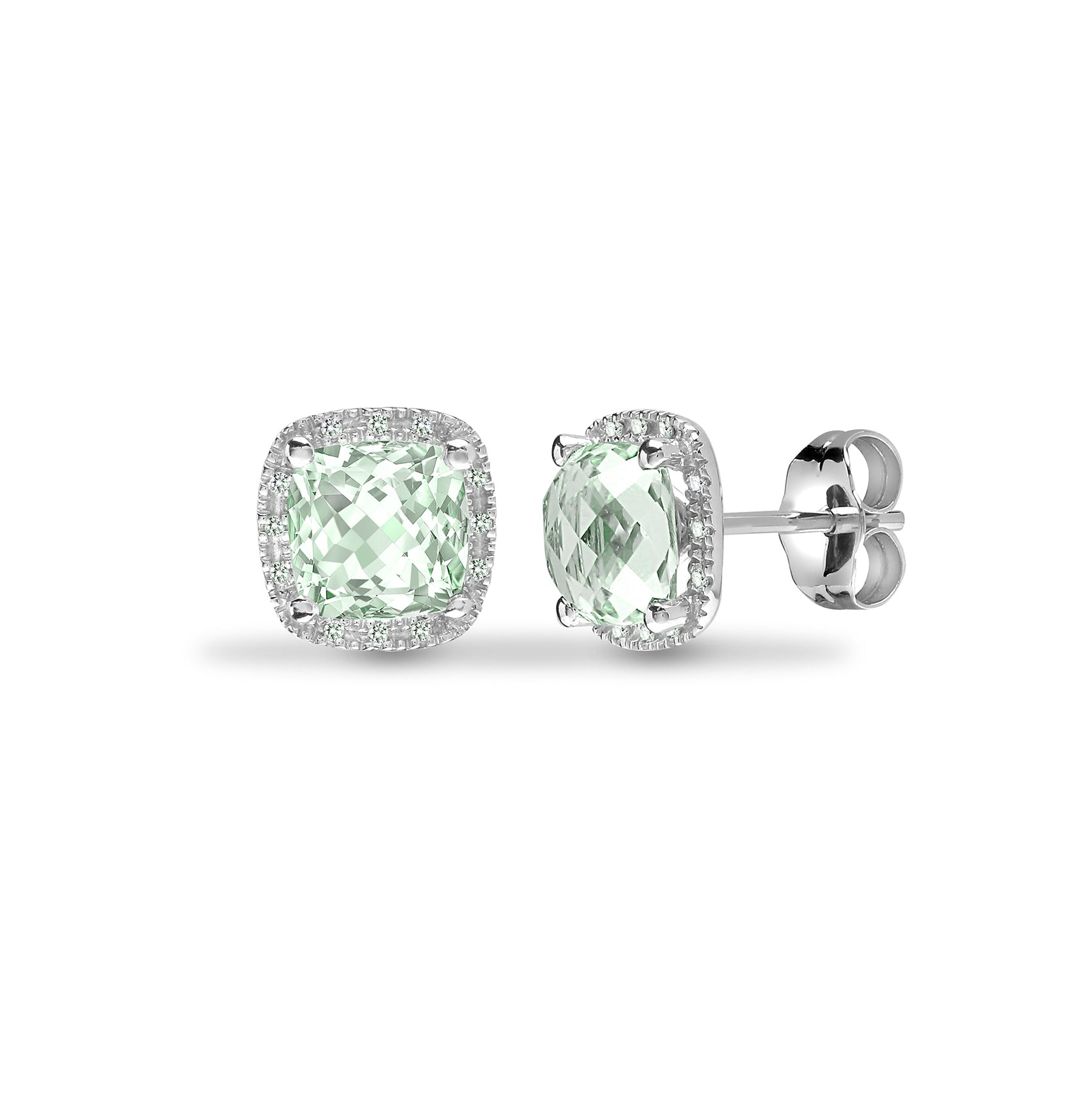9ct White Gold  Diamond Green Amethyst Cushion Halo Stud Earrings - 9E187