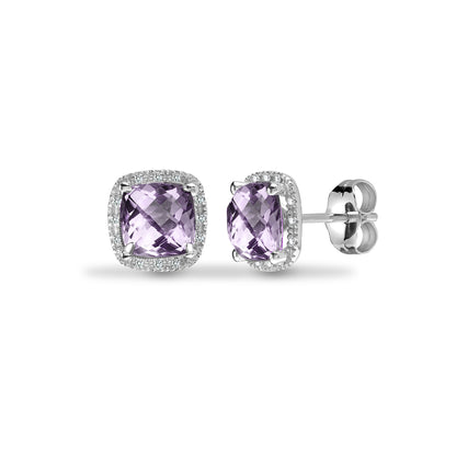 9ct White Gold  Diamond 2ct Amethyst Cushion Halo Stud Earrings - 9E188