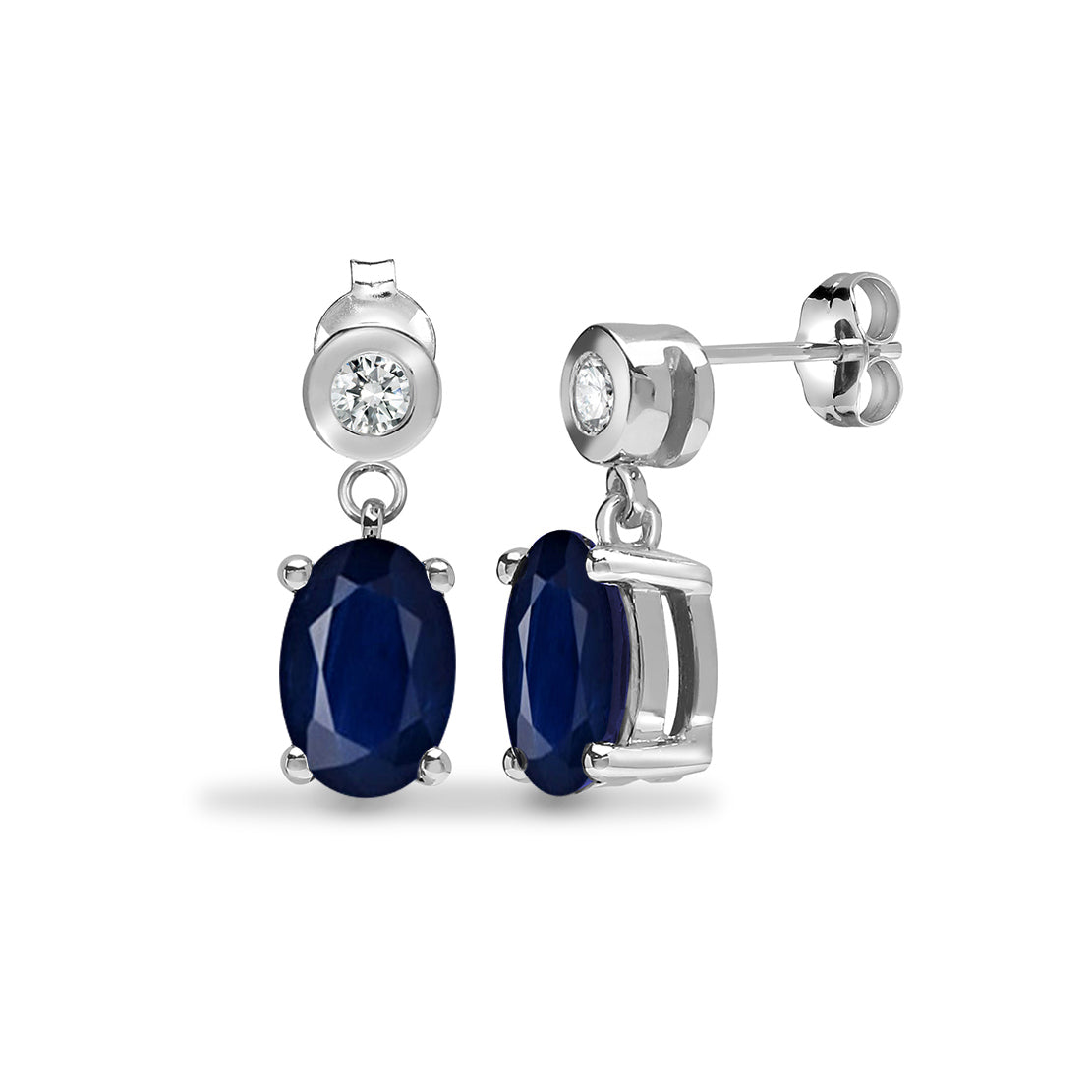 9ct White Gold  Diamond Blue Sapphire Solitaire Drop Earrings - 9E191
