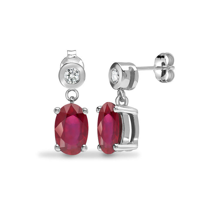 9ct White Gold  Diamond Red Ruby Solitaire Drop Earrings - 9E192