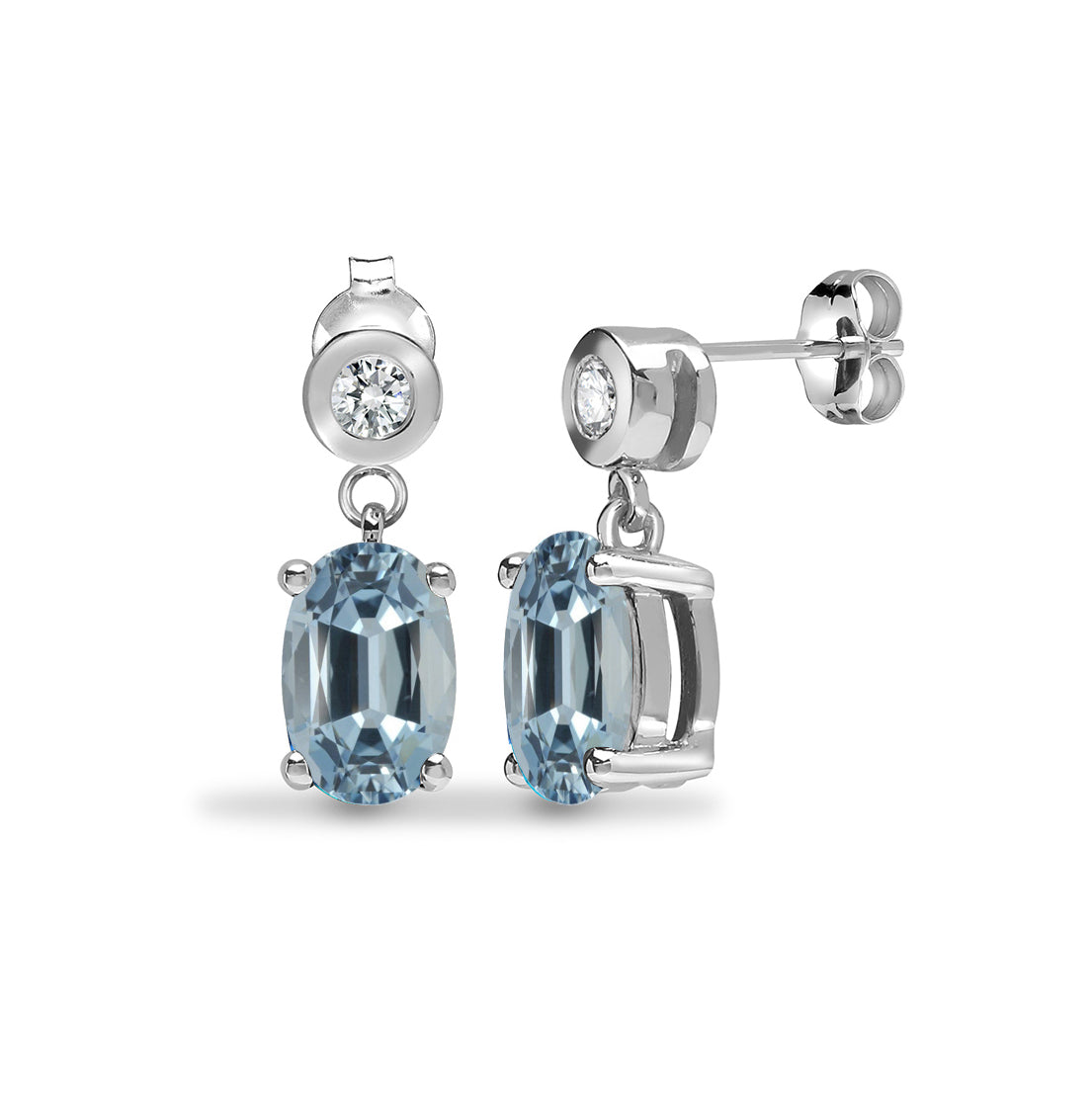 9ct White Gold  Diamond Blue Aquamarine Solitaire Drop Earrings - 9E193