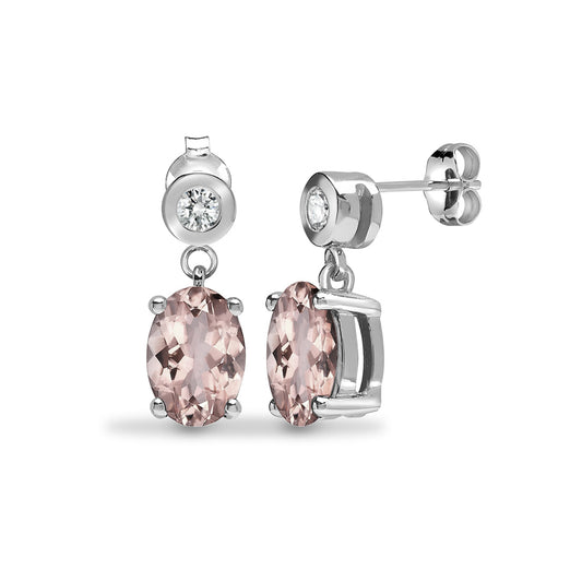 9ct White Gold  Diamond Peach Morganite Solitaire Drop Earrings - 9E194