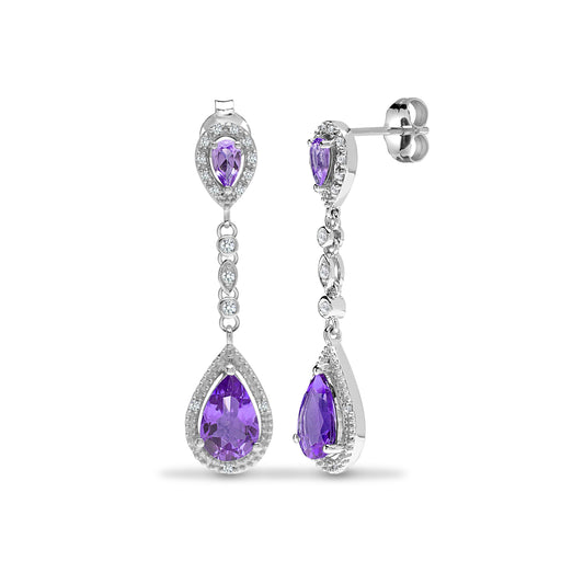 9ct White Gold  Diamond Purple Amethyst Happy Tears Drop Earrings - 9E196