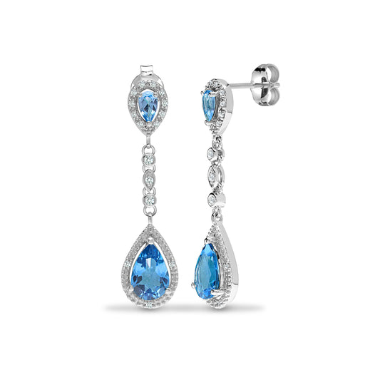 9ct White Gold  Diamond Blue Topaz Happy Tears Drop Earrings - 9E197