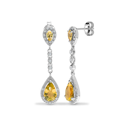 9ct White Gold  Diamond Yellow Citrine Happy Tears Drop Earrings - 9E198