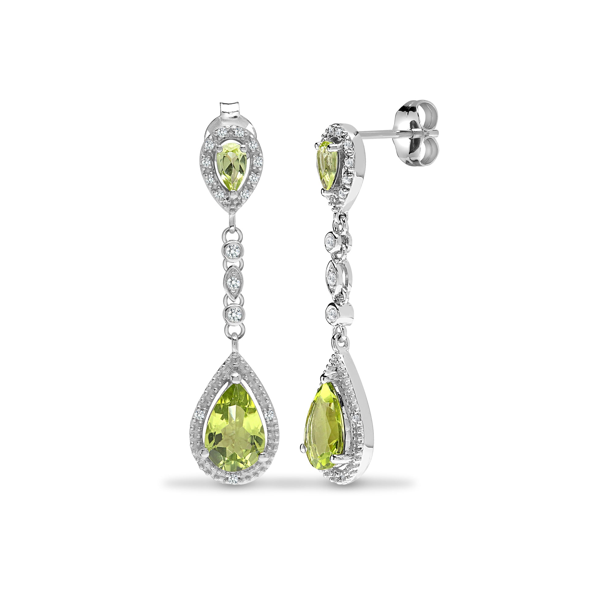 9ct White Gold  Diamond Green Peridot Happy Tears Drop Earrings - 9E199