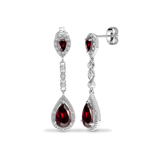 9ct White Gold  Diamond Red Garnet Happy Tears Drop Earrings - 9E200