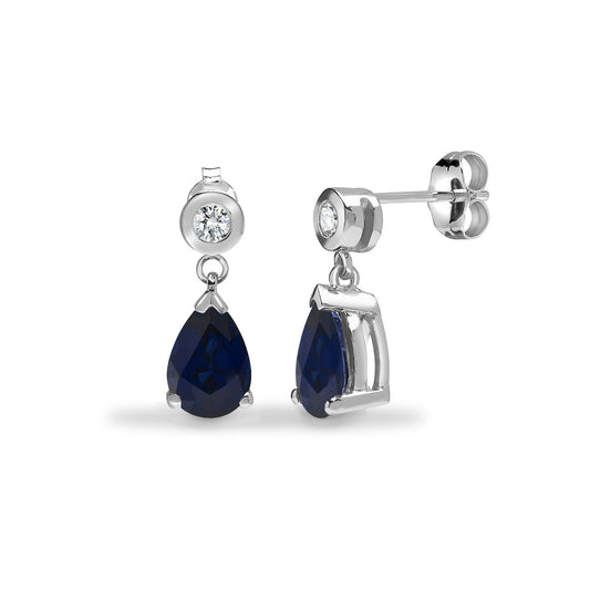 9ct White Gold  Diamond Blue Sapphire Tears of Joy Drop Earrings - 9E202