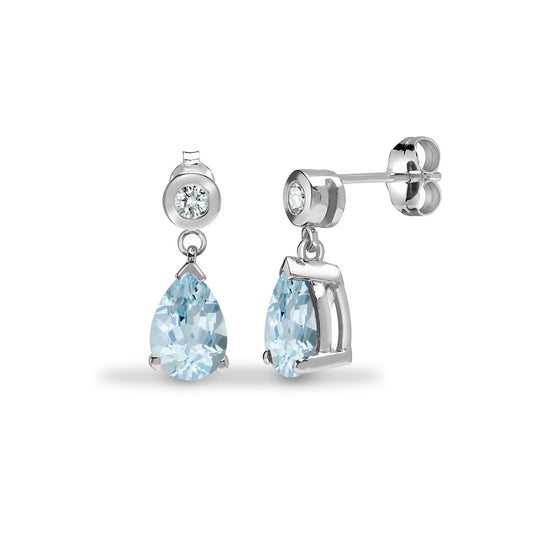 9ct White Gold  Diamond Blue Aquamarine Tears of Joy Drop Earrings - 9E203