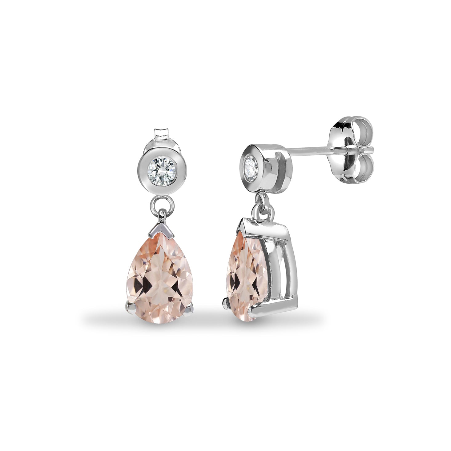 9ct White Gold  Diamond Peach Morganite Tears of Joy Drop Earrings - 9E204