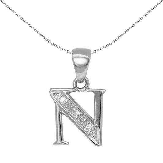 9ct White Gold  Diamond Identity Initial ID Charm Pendant Letter N - 9P052-N