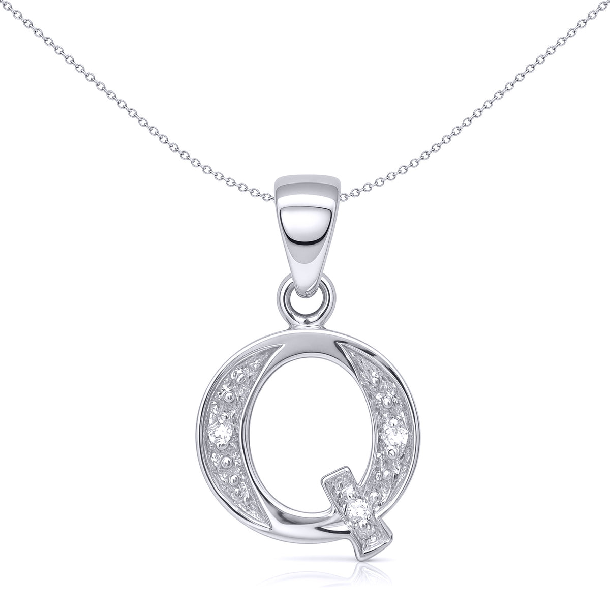 9ct White Gold  Diamond Identity Initial ID Charm Pendant Letter Q - 9P052-Q