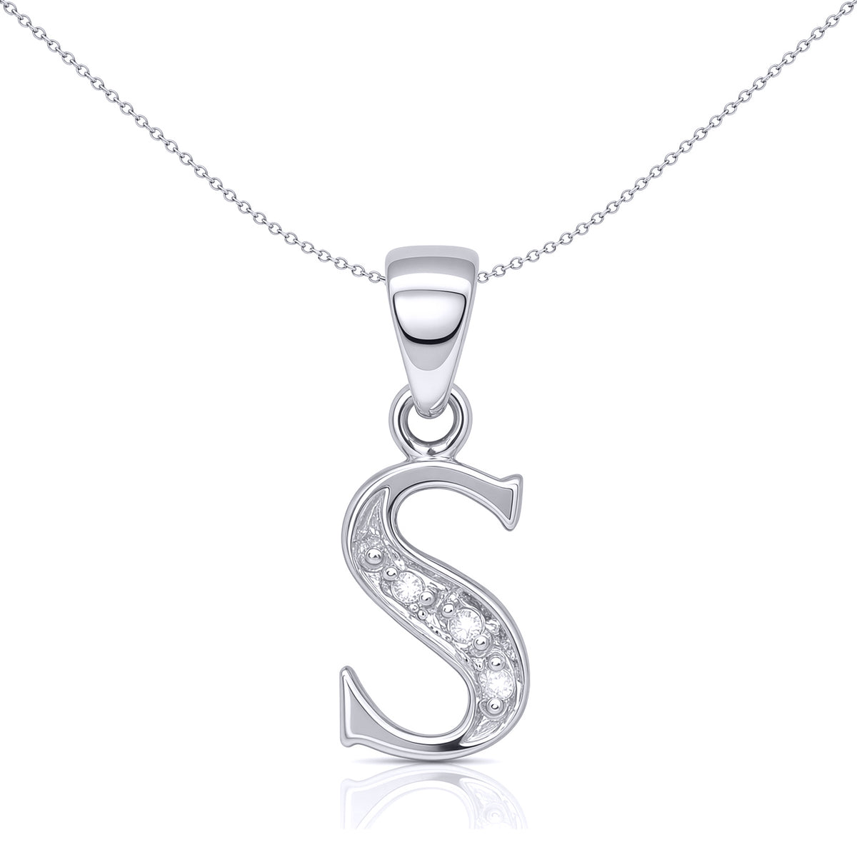 9ct White Gold  Diamond Identity Initial ID Charm Pendant Letter S - 9P052-S