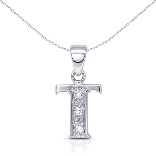 9ct White Gold  Diamond Identity Initial ID Charm Pendant Letter T - 9P052-T
