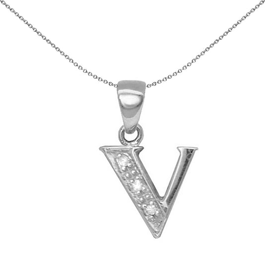9ct White Gold  Diamond Identity Initial ID Charm Pendant Letter V - 9P052-V