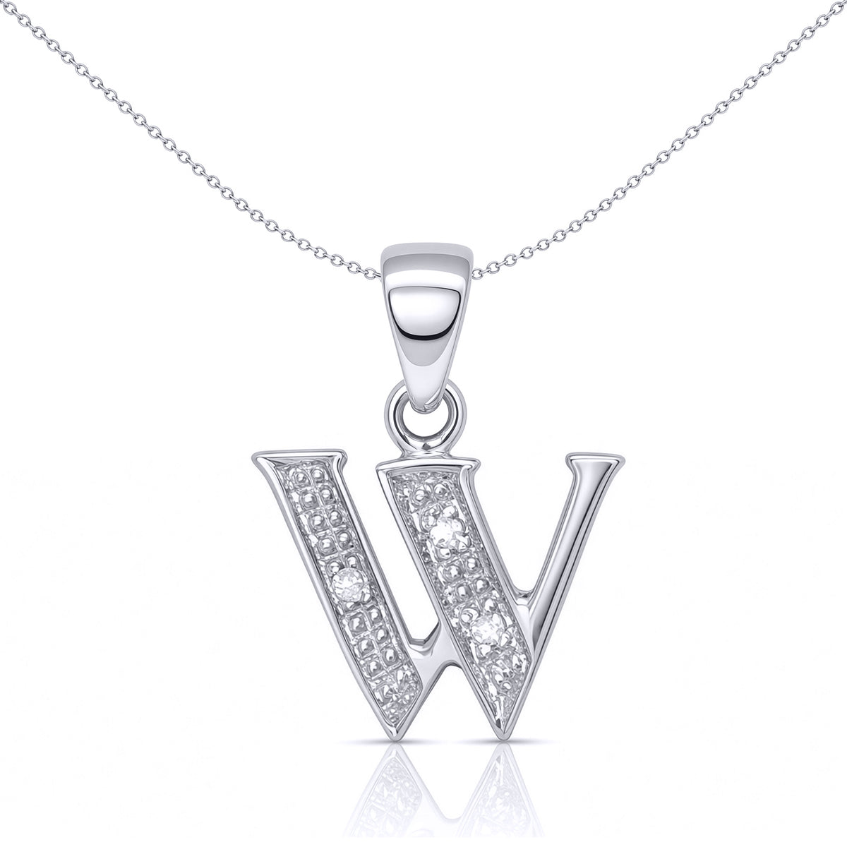 9ct White Gold  Diamond Identity Initial ID Charm Pendant Letter W - 9P052-W