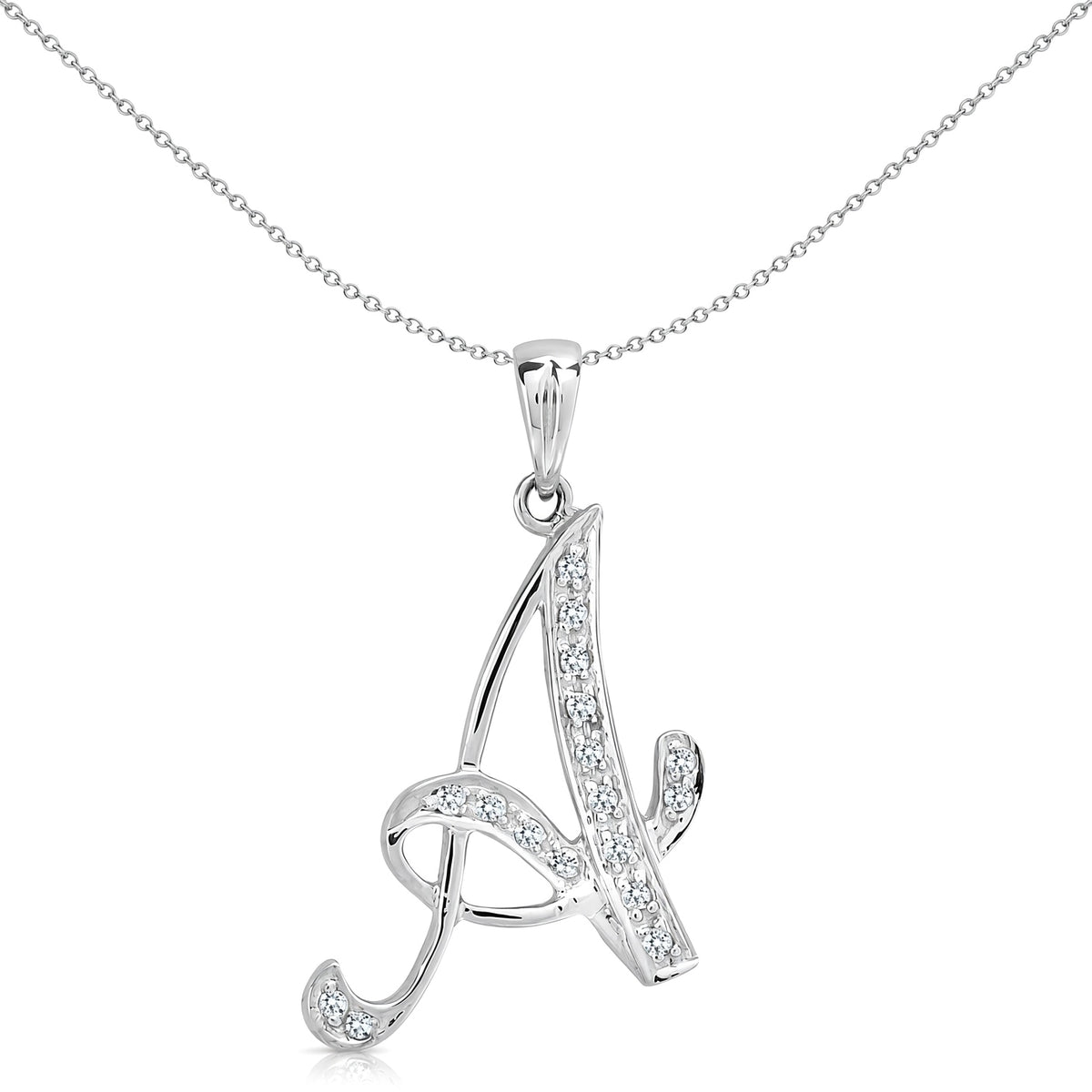 9ct White Gold  Diamond Script Initial ID Charm Pendant Letter A - 9P060-A