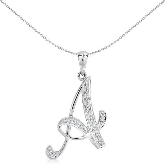 9ct White Gold  Diamond Script Initial ID Charm Pendant Letter A - 9P060-A