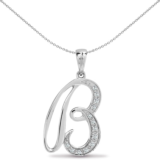 9ct White Gold  Diamond Script Initial ID Charm Pendant Letter B - 9P060-B