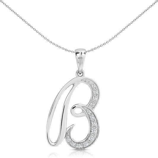 9ct White Gold  Diamond Script Initial ID Charm Pendant Letter B - 9P060-B