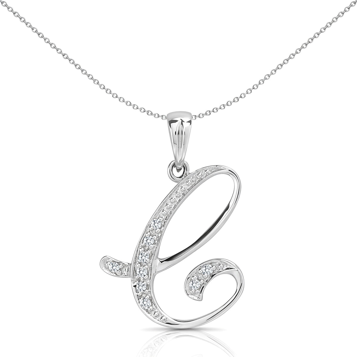 9ct White Gold  Diamond Script Initial ID Charm Pendant Letter C - 9P060-C