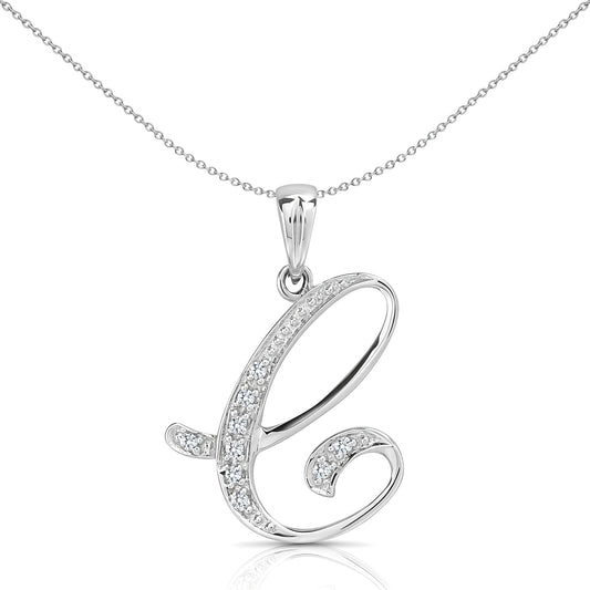 9ct White Gold  Diamond Script Initial ID Charm Pendant Letter C - 9P060-C