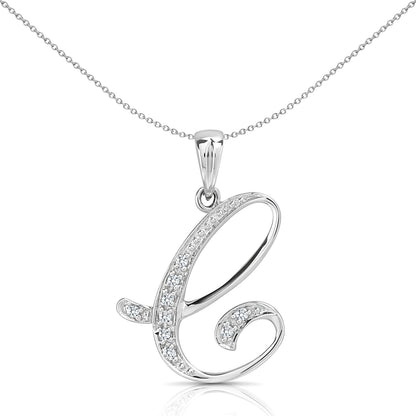 9ct White Gold  Diamond Script Initial ID Charm Pendant Letter C - 9P060-C
