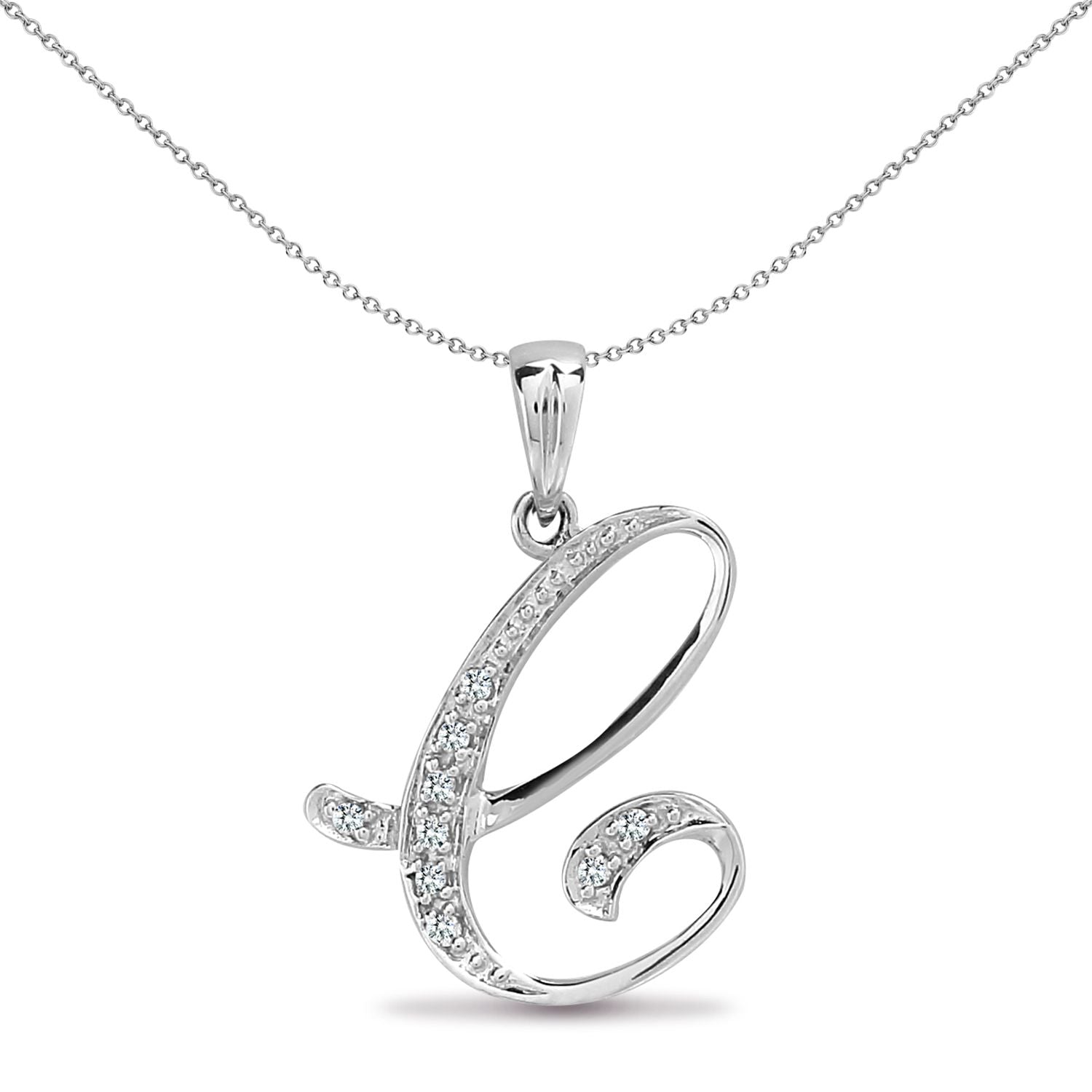 9ct White Gold  Diamond Script Initial ID Charm Pendant Letter C - 9P060-C