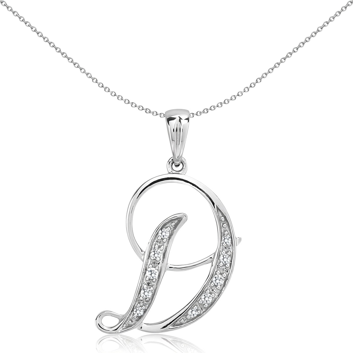 9ct White Gold  Diamond Script Initial ID Charm Pendant Letter D - 9P060-D
