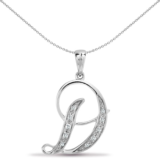 9ct White Gold  Diamond Script Initial ID Charm Pendant Letter D - 9P060-D