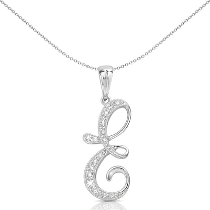 9ct White Gold  Diamond Script Initial ID Charm Pendant Letter E - 9P060-E