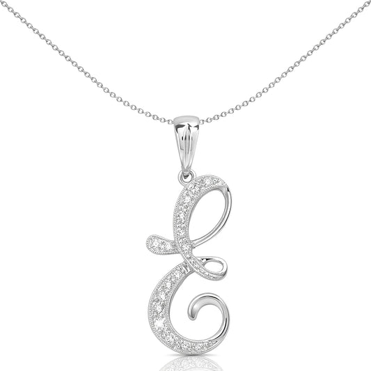 9ct White Gold  Diamond Script Initial ID Charm Pendant Letter E - 9P060-E