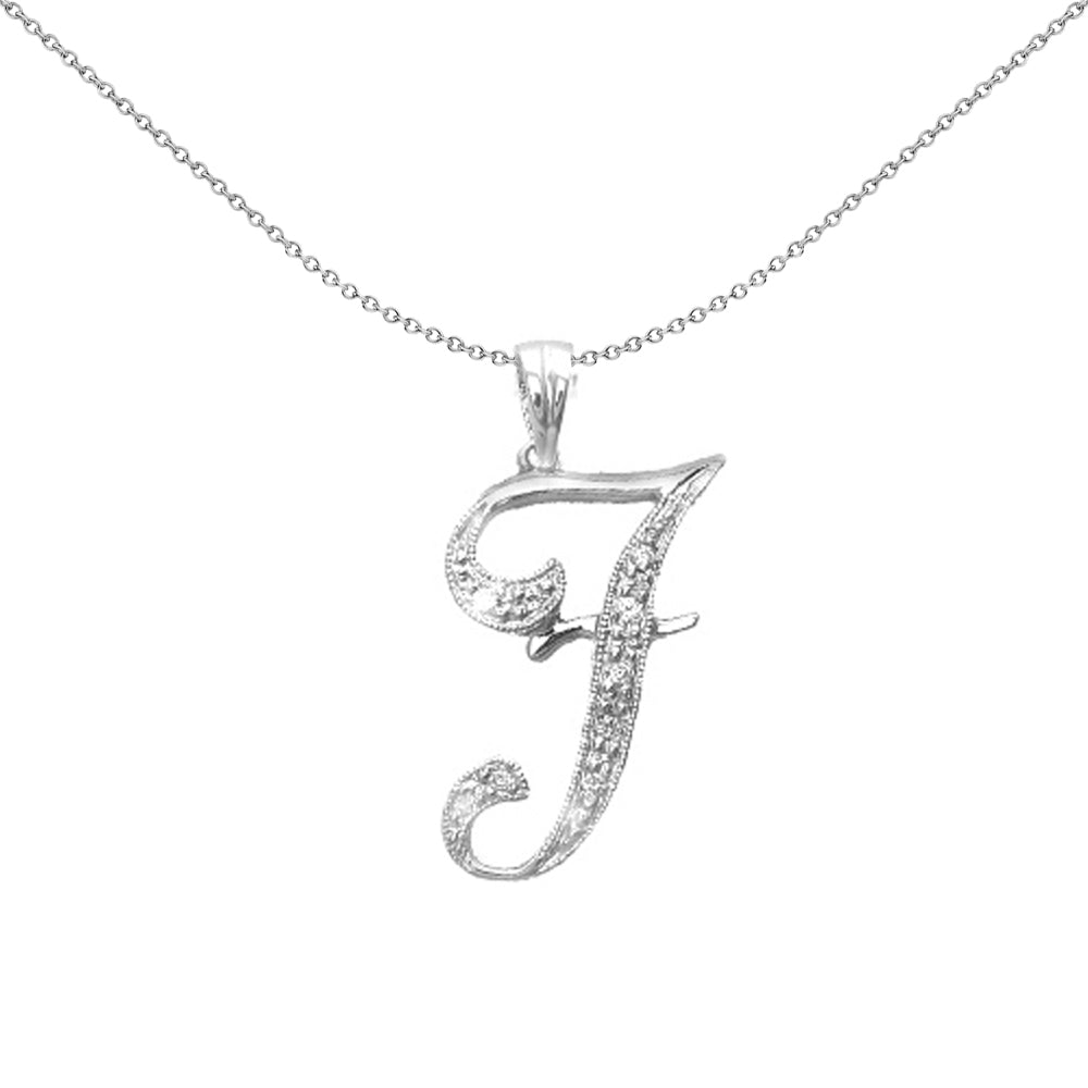 9ct White Gold  Diamond Script Initial ID Charm Pendant Letter F - 9P060-F