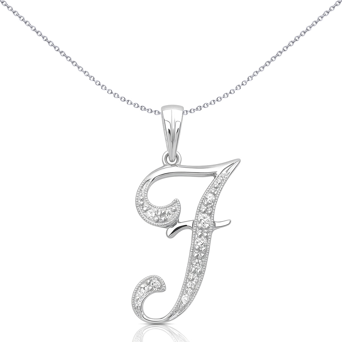9ct White Gold  Diamond Script Initial ID Charm Pendant Letter F - 9P060-F