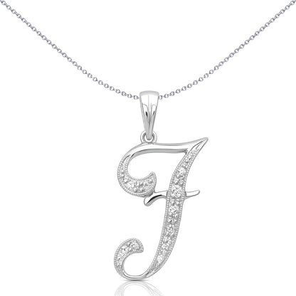 9ct White Gold  Diamond Script Initial ID Charm Pendant Letter F - 9P060-F
