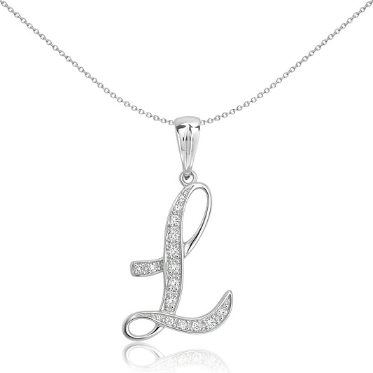 9ct White Gold  Diamond Script Initial ID Charm Pendant Letter L - 9P060-L