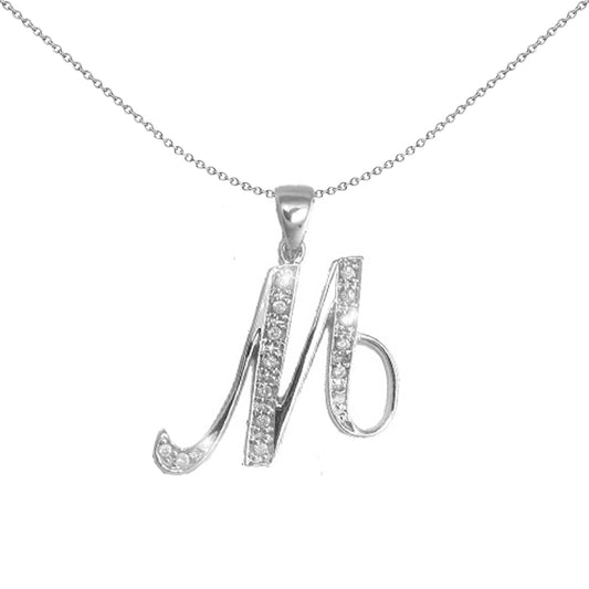 9ct White Gold  Diamond Script Initial ID Charm Pendant Letter M - 9P060-M