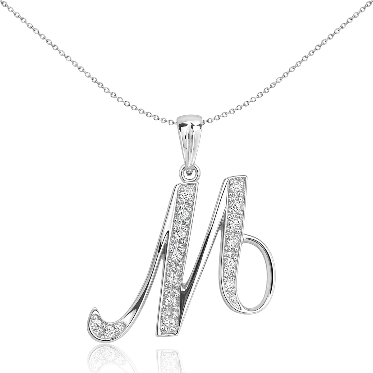 9ct White Gold  Diamond Script Initial ID Charm Pendant Letter M - 9P060-M