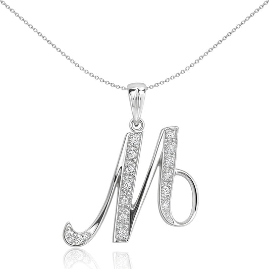 9ct White Gold  Diamond Script Initial ID Charm Pendant Letter M - 9P060-M