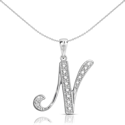 9ct White Gold  Diamond Script Initial ID Charm Pendant Letter N - 9P060-N