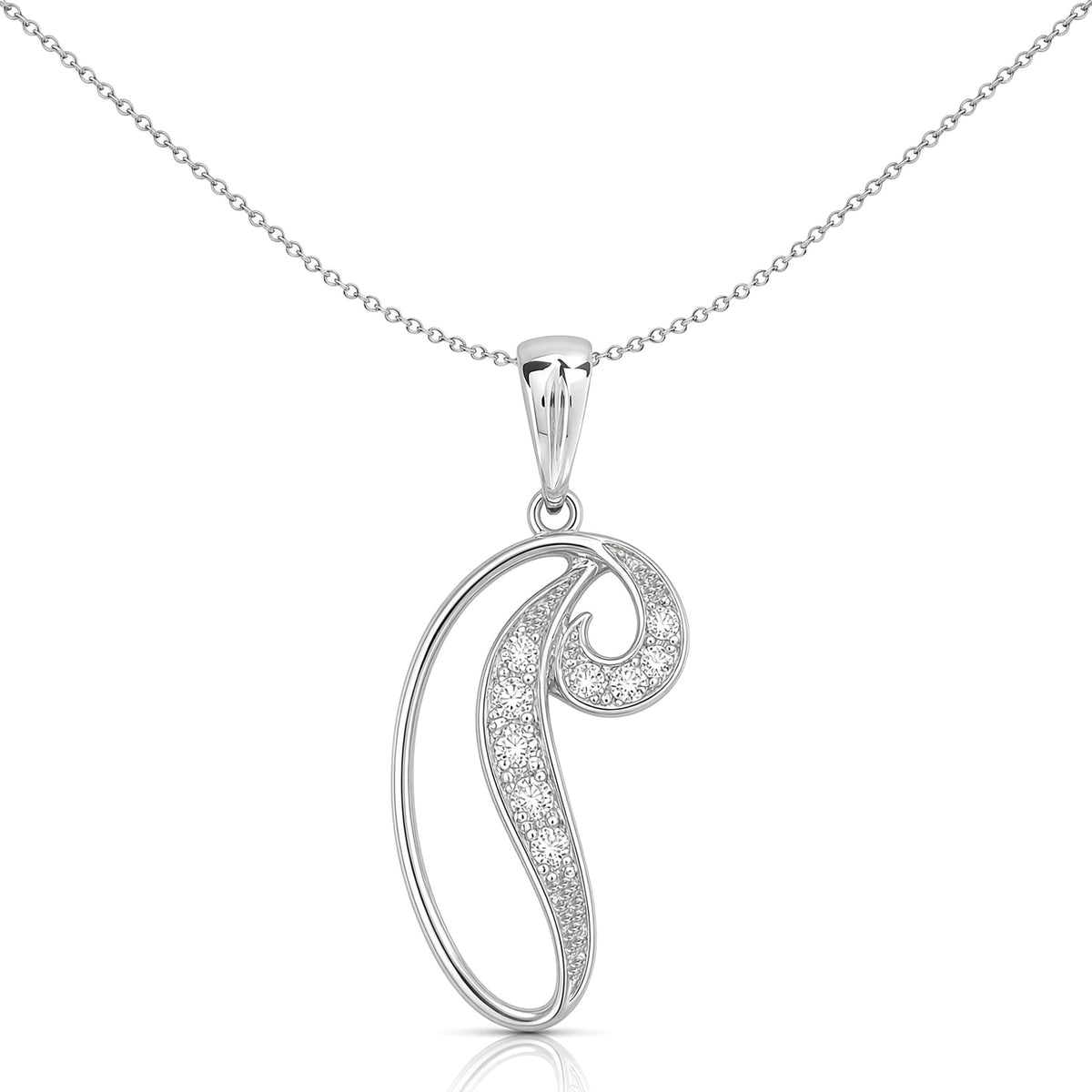9ct White Gold  Diamond Script Initial ID Charm Pendant Letter P - 9P060-P