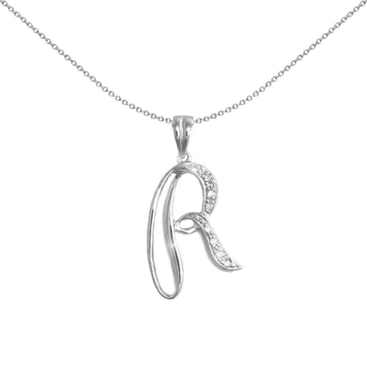 9ct White Gold  Diamond Script Initial ID Charm Pendant Letter R - 9P060-R